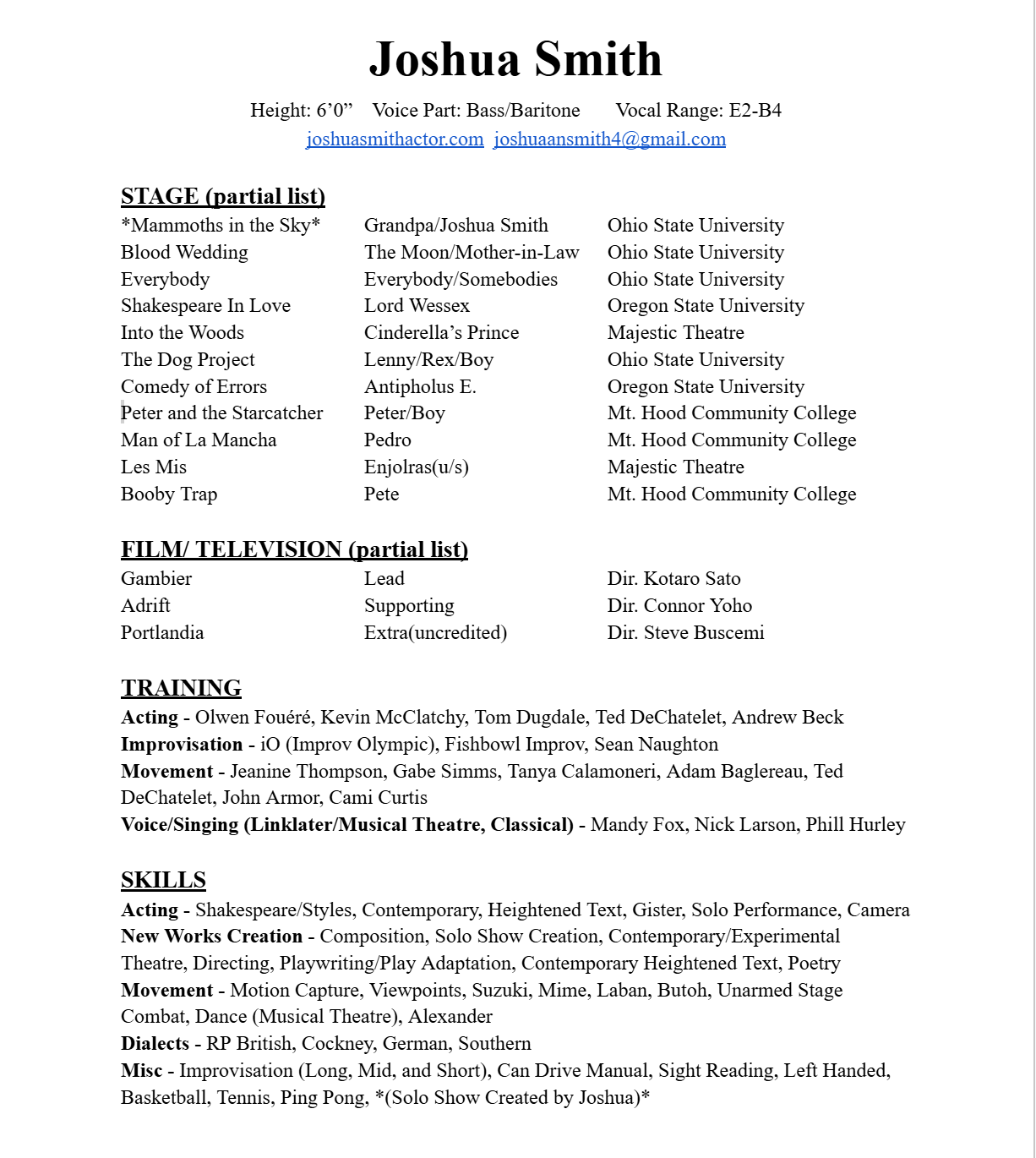 Acting Resume Joshua Smith PNG